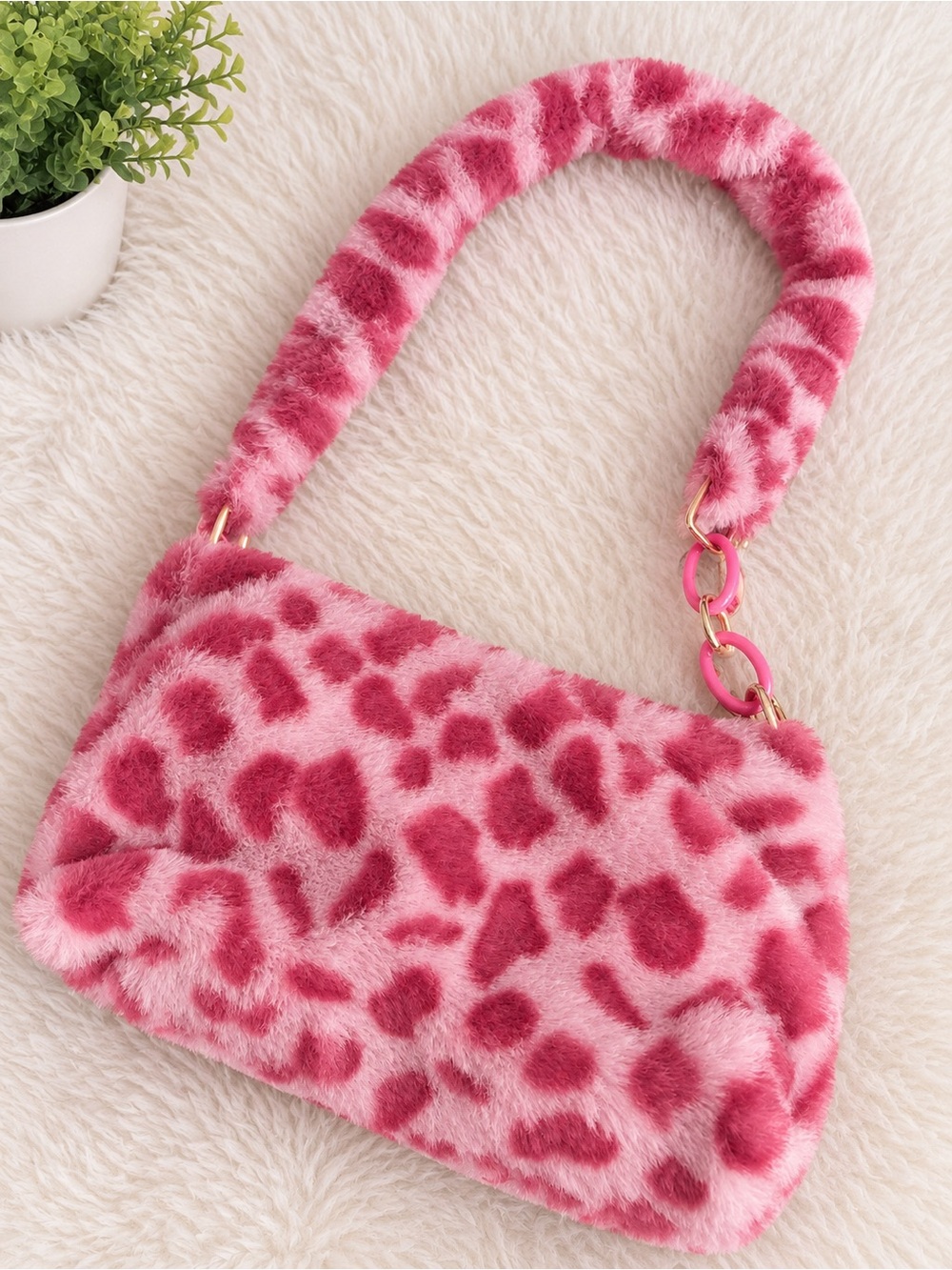 Pink Faux Fur Leopard-Print Shoulder Bag